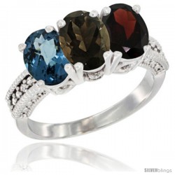 14K White Gold Natural London Blue Topaz, Smoky Topaz & Garnet Ring 3-Stone 7x5 mm Oval Diamond Accent