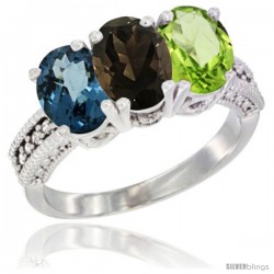 14K White Gold Natural London Blue Topaz, Smoky Topaz & Peridot Ring 3-Stone 7x5 mm Oval Diamond Accent