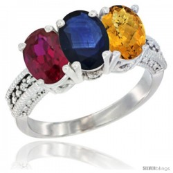 10K White Gold Natural Ruby, Blue Sapphire & Whisky Quartz Ring 3-Stone Oval 7x5 mm Diamond Accent