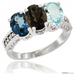 14K White Gold Natural London Blue Topaz, Smoky Topaz & Aquamarine Ring 3-Stone 7x5 mm Oval Diamond Accent