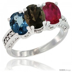 14K White Gold Natural London Blue Topaz, Smoky Topaz & Ruby Ring 3-Stone 7x5 mm Oval Diamond Accent