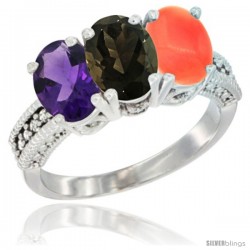 10K White Gold Natural Amethyst, Smoky Topaz & Coral Ring 3-Stone Oval 7x5 mm Diamond Accent