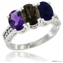 10K White Gold Natural Amethyst, Smoky Topaz & Lapis Ring 3-Stone Oval 7x5 mm Diamond Accent