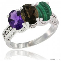 10K White Gold Natural Amethyst, Smoky Topaz & Malachite Ring 3-Stone Oval 7x5 mm Diamond Accent