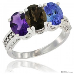 10K White Gold Natural Amethyst, Smoky Topaz & Tanzanite Ring 3-Stone Oval 7x5 mm Diamond Accent