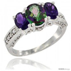 10K White Gold Ladies Oval Natural Mystic Topaz 3-Stone Ring with Amethyst Sides Diamond Accent