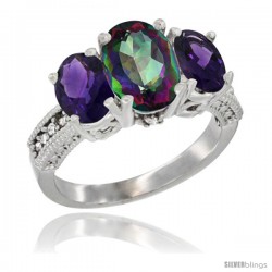 10K White Gold Ladies Natural Mystic Topaz Oval 3 Stone Ring with Amethyst Sides Diamond Accent