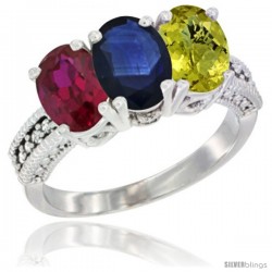 10K White Gold Natural Ruby, Blue Sapphire & Lemon Quartz Ring 3-Stone Oval 7x5 mm Diamond Accent