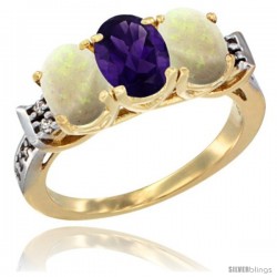 10K Yellow Gold Natural Amethyst & Opal Sides Ring 3-Stone Oval 7x5 mm Diamond Accent