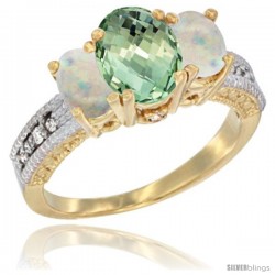 10K Yellow Gold Ladies Oval Natural Green Amethyst 3-Stone Ring with Opal Sides Diamond Accent