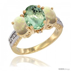 10K Yellow Gold Ladies 3-Stone Oval Natural Green Amethyst Ring with Opal Sides Diamond Accent