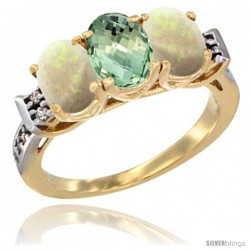 10K Yellow Gold Natural Green Amethyst & Opal Sides Ring 3-Stone Oval 7x5 mm Diamond Accent