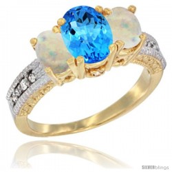 10K Yellow Gold Ladies Oval Natural Swiss Blue Topaz 3-Stone Ring with Opal Sides Diamond Accent