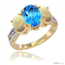 10K Yellow Gold Ladies 3-Stone Oval Natural Swiss Blue Topaz Ring with Opal Sides Diamond Accent