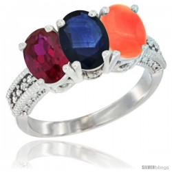 10K White Gold Natural Ruby, Blue Sapphire & Coral Ring 3-Stone Oval 7x5 mm Diamond Accent