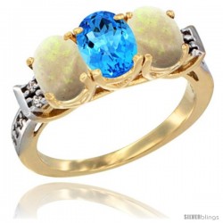 10K Yellow Gold Natural Swiss Blue Topaz & Opal Sides Ring 3-Stone Oval 7x5 mm Diamond Accent