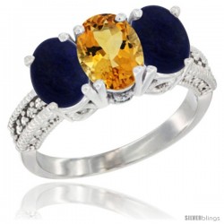 10K White Gold Natural Citrine & Lapis Sides Ring 3-Stone Oval 7x5 mm Diamond Accent