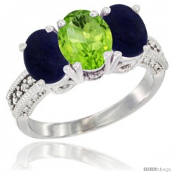 10K White Gold Natural Peridot & Lapis Sides Ring 3-Stone Oval 7x5 mm Diamond Accent