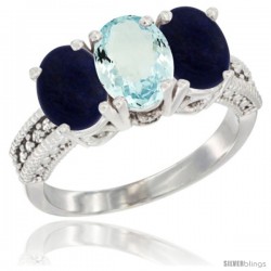 10K White Gold Natural Aquamarine & Lapis Sides Ring 3-Stone Oval 7x5 mm Diamond Accent