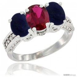 10K White Gold Natural Ruby & Lapis Sides Ring 3-Stone Oval 7x5 mm Diamond Accent