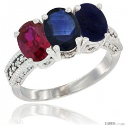 10K White Gold Natural Ruby, Blue Sapphire & Lapis Ring 3-Stone Oval 7x5 mm Diamond Accent