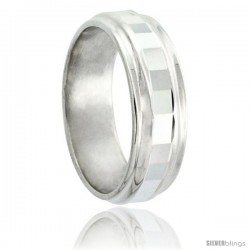 Sterling Silver Wedding Band 7mm Faceted Center with 2 Grooves