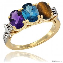 10K Yellow Gold Natural Amethyst, London Blue Topaz & Tiger Eye Ring 3-Stone Oval 7x5 mm Diamond Accent