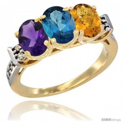 10K Yellow Gold Natural Amethyst, London Blue Topaz & Whisky Quartz Ring 3-Stone Oval 7x5 mm Diamond Accent