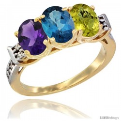 10K Yellow Gold Natural Amethyst, London Blue Topaz & Lemon Quartz Ring 3-Stone Oval 7x5 mm Diamond Accent