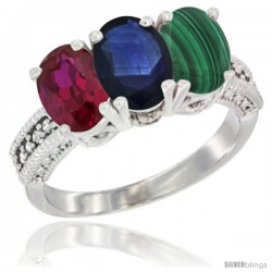 10K White Gold Natural Ruby, Blue Sapphire & Malachite Ring 3-Stone Oval 7x5 mm Diamond Accent