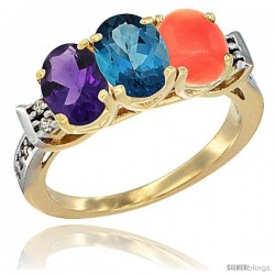 10K Yellow Gold Natural Amethyst, London Blue Topaz & Coral Ring 3-Stone Oval 7x5 mm Diamond Accent