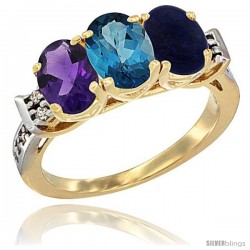 10K Yellow Gold Natural Amethyst, London Blue Topaz & Lapis Ring 3-Stone Oval 7x5 mm Diamond Accent