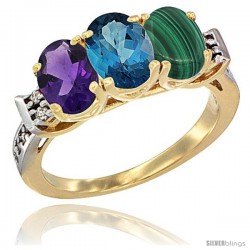 10K Yellow Gold Natural Amethyst, London Blue Topaz & Malachite Ring 3-Stone Oval 7x5 mm Diamond Accent