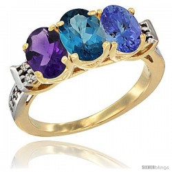 10K Yellow Gold Natural Amethyst, London Blue Topaz & Tanzanite Ring 3-Stone Oval 7x5 mm Diamond Accent