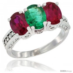 14K White Gold Natural Emerald & Ruby Sides Ring 3-Stone Oval 7x5 mm Diamond Accent