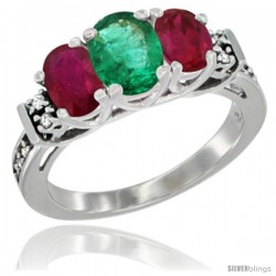 14K White Gold Natural Emerald & Ruby Ring 3-Stone Oval with Diamond Accent