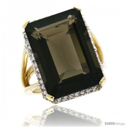 14k Yellow Gold Diamond Smoky Topaz Ring 14.96 ct Emerald shape 18x13 mm Stone, 13/16 in wide