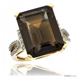 14k Yellow Gold Diamond Smoky Topaz Ring 12 ct Emerald Shape 16x12 Stone 3/4 in wide