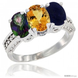 10K White Gold Natural Mystic Topaz, Citrine & Lapis Ring 3-Stone Oval 7x5 mm Diamond Accent