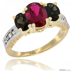 14k Yellow Gold Ladies Oval Natural Ruby 3-Stone Ring with Smoky Topaz Sides Diamond Accent