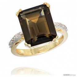 14k Yellow Gold Diamond Smoky Topaz Ring 5.83 ct Emerald Shape 12x10 Stone 1/2 in wide