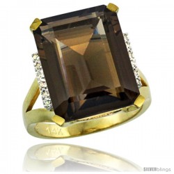 14k Yellow Gold Diamond Smoky Topaz Ring 12 ct Emerald Cut 16x12 stone 3/4 in wide