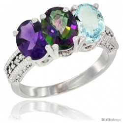 10K White Gold Natural Amethyst, Mystic Topaz & Aquamarine Ring 3-Stone Oval 7x5 mm Diamond Accent