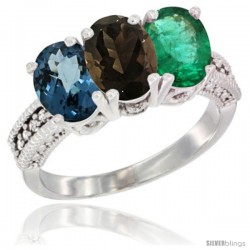 14K White Gold Natural London Blue Topaz, Smoky Topaz & Emerald Ring 3-Stone 7x5 mm Oval Diamond Accent