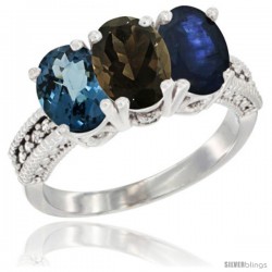 14K White Gold Natural London Blue Topaz, Smoky Topaz & Blue Sapphire Ring 3-Stone 7x5 mm Oval Diamond Accent