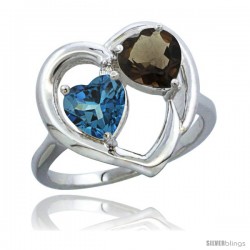 14k White Gold 2-Stone Heart Ring 6mm Natural London Blue Topaz & Smoky Topaz Diamond Accent