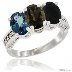 14K White Gold Natural London Blue Topaz, Smoky Topaz & Black Onyx Ring 3-Stone 7x5 mm Oval Diamond Accent