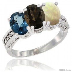 14K White Gold Natural London Blue Topaz, Smoky Topaz & Opal Ring 3-Stone 7x5 mm Oval Diamond Accent