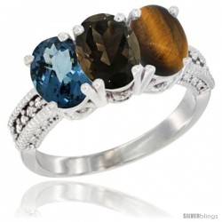 14K White Gold Natural London Blue Topaz, Smoky Topaz & Tiger Eye Ring 3-Stone 7x5 mm Oval Diamond Accent