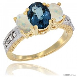 10K Yellow Gold Ladies Oval Natural London Blue Topaz 3-Stone Ring with Opal Sides Diamond Accent